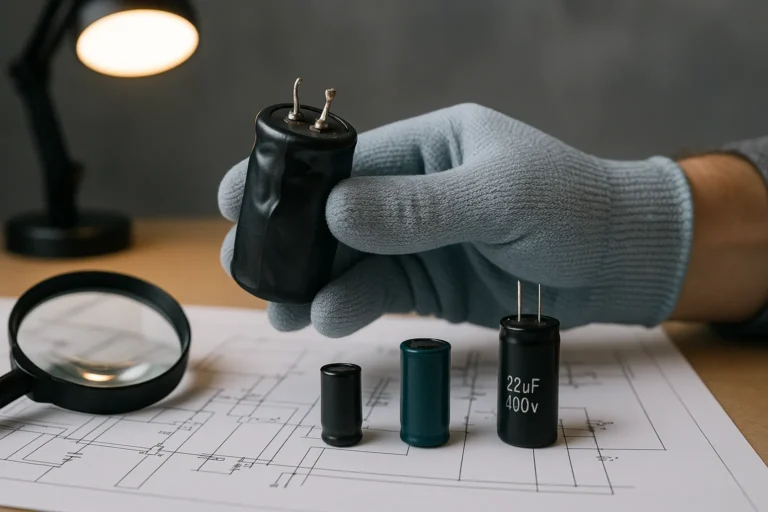 Mãos Com Luvas Seguram Capacitor Estufado Com Lupa Ao Lado E Outros Capacitores Sobre A Mesa.
