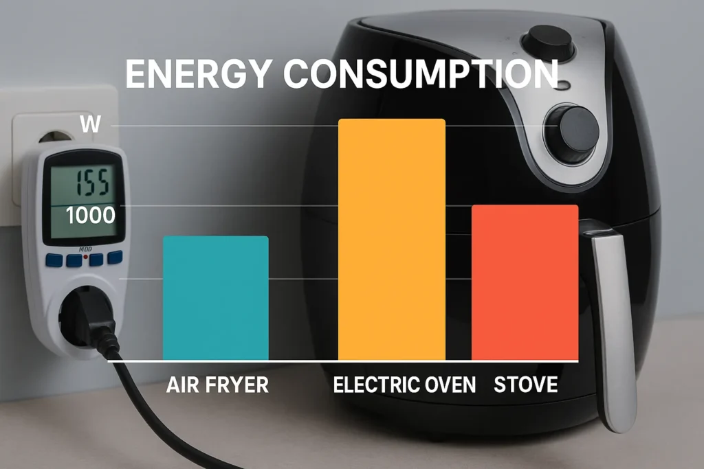 Air Fryer Digital: 12 Segredos Técnicos Que Transformam O Uso E Manutenção Do Aparelho 11 Gráfico Comparando Consumo De Energia Entre Air Fryer, Forno Elétrico E Fogão, Com Medidor De Consumo Ligado.