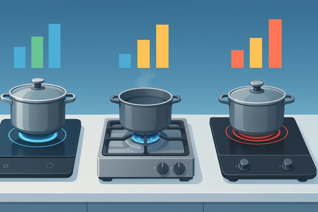 Fogão De Indução Gasta Muita Energia? 12 Verdades E Mitos Que Impactam Sua Conta De Luz 4 Comparação Visual Entre Fogão De Indução, Fogão A Gás E Cooktop Elétrico Com Gráficos Flutuantes De Consumo.