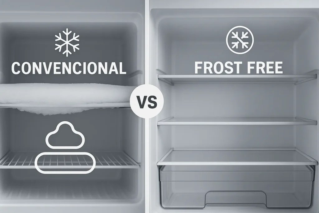 O Que É Geladeira Frost Free: 7 Vantagens Que Todo Técnico E Consumidor Precisa Conhecer 12 Comparação Entre Geladeira Convencional Com Gelo Acumulado E Frost Free Limpa, Lado A Lado Com Ícones Explicativos.