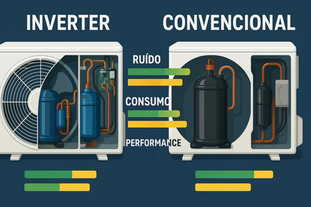 Máquina De Lavar Inverter: 12 Vantagens Comprovadas E Guia Técnico Completo 10 Comparação Visual Entre Máquina Inverter E Convencional, Destacando Motor Interno, Ruído, Consumo E Performance.