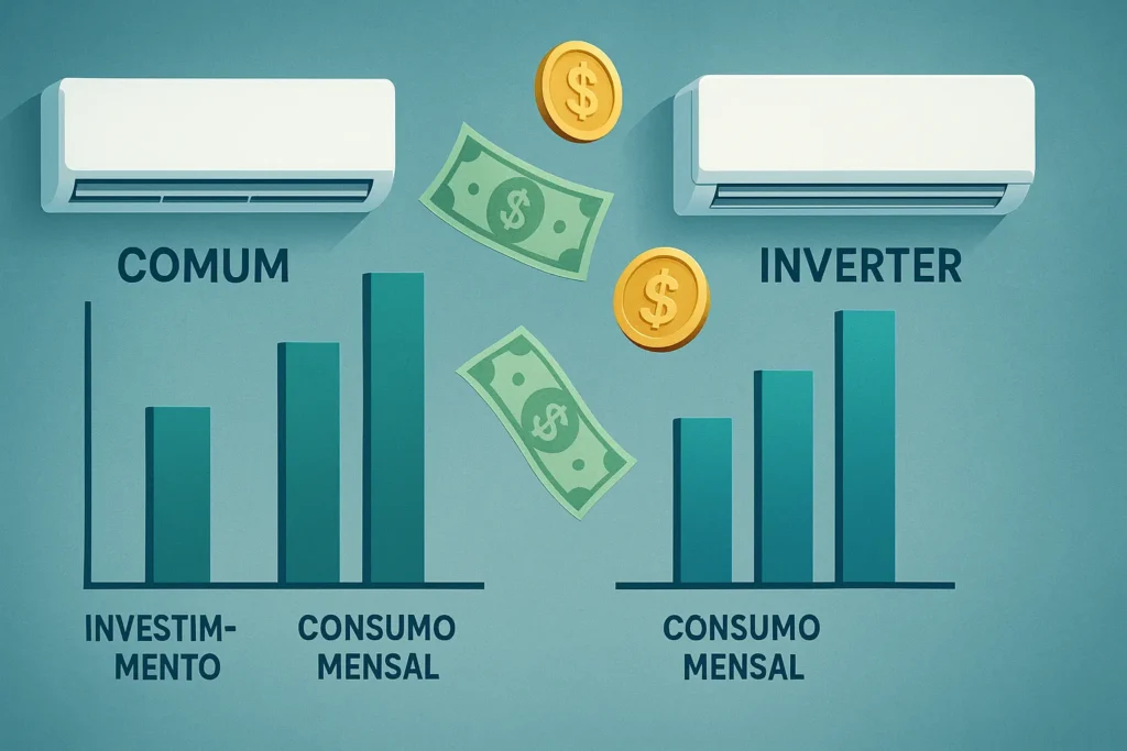 Consumo Ar Condicionado Disparou: 12 Formas Comprovadas De Reduzir 50% Na Conta De Luz 7 Comparação Visual Entre Ar-Condicionado Comum E Inverter Com Gráficos De Consumo E Moedas Flutuantes.