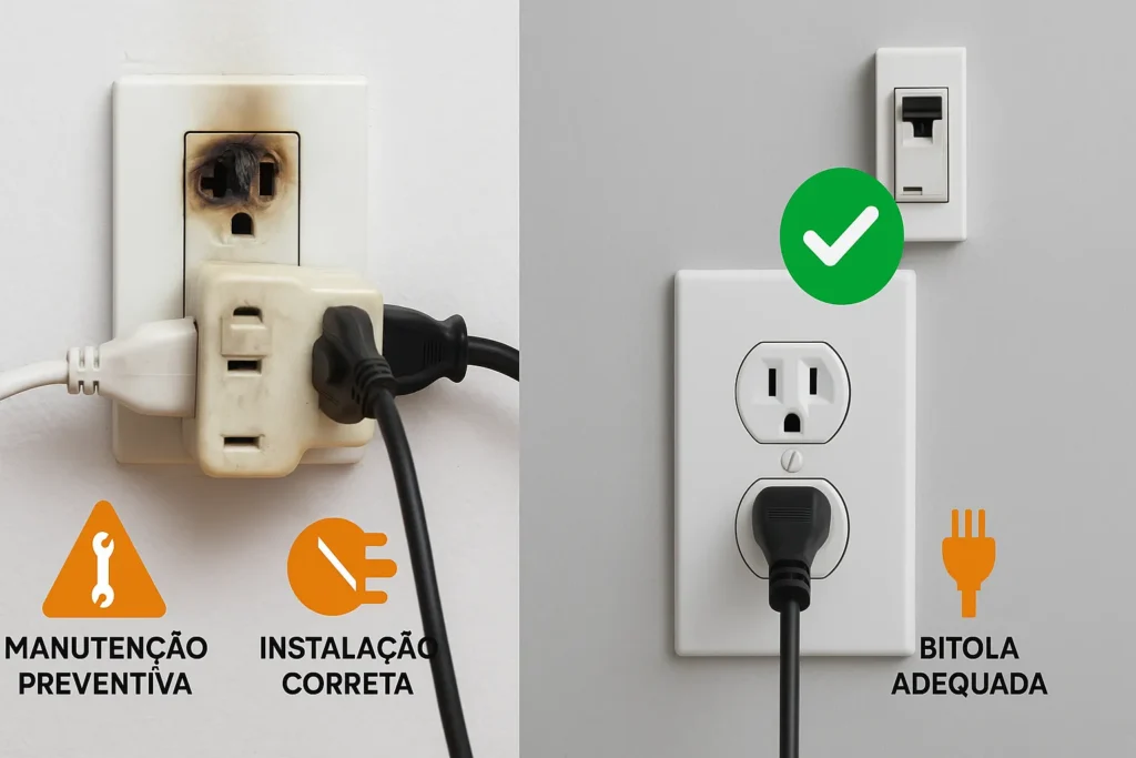 Tomada Queimada Ou Derretida: 8 Causas Perigosas E Soluções Seguras 12 Comparativo Visual Entre Tomada Queimada Com Benjamins E Instalação Elétrica Correta Com Disjuntor.