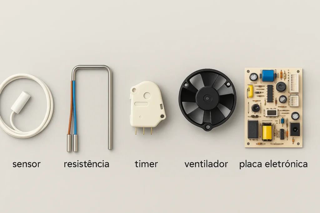 O Que É Geladeira Frost Free: 7 Vantagens Que Todo Técnico E Consumidor Precisa Conhecer 7 Componentes Frost Free Organizados Em Bancada: Sensor, Resistência, Timer, Ventilador E Placa Eletrônica, Todos Com Rótulo.