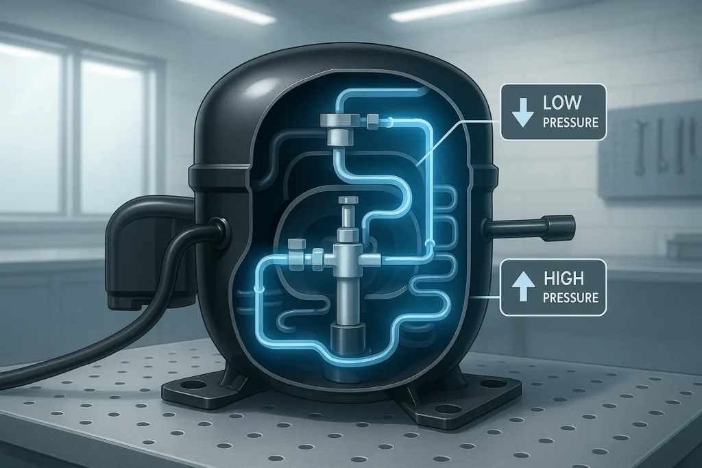 Compressor De Geladeira Não Liga: 15 Testes E Soluções Que Salvam Do Prejuízo 2 Compressor De Geladeira Com Corte Técnico Revelando O Fluxo Interno De Fluido Refrigerante