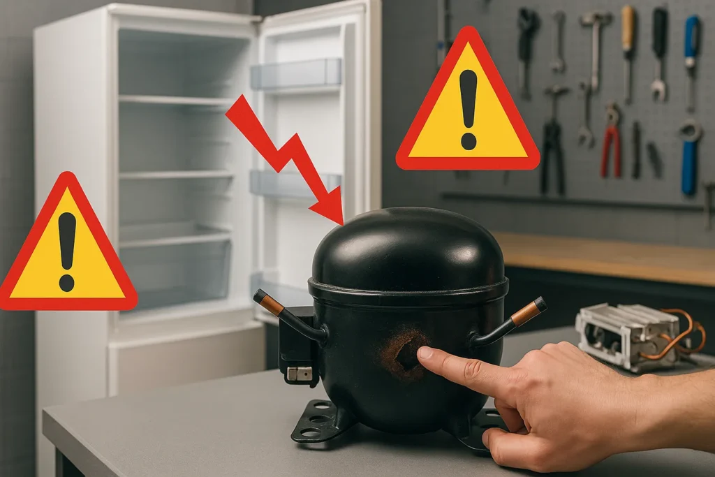 Compressor De Geladeira Não Liga: 15 Testes E Soluções Que Salvam Do Prejuízo 5 Compressor De Geladeira Danificado Com Ícones De Alerta Em Oficina Técnica