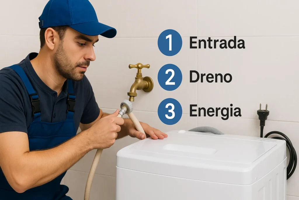 Lavadora Portátil: 12 Vantagens Que Revolucionam A Lavagem De Roupas Em Espaços Pequenos 6 Técnico Conectando Mangueira À Lavadora Portátil Com Ícones Numerados De Entrada, Dreno E Energia.