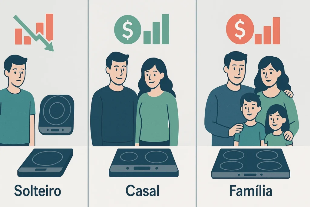 Fogão De Indução Gasta Muita Energia? 12 Verdades E Mitos Que Impactam Sua Conta De Luz 11 Comparação De Consumo No Fogão De Indução Entre Solteiro, Casal E Família Com Gráficos Flutuantes.