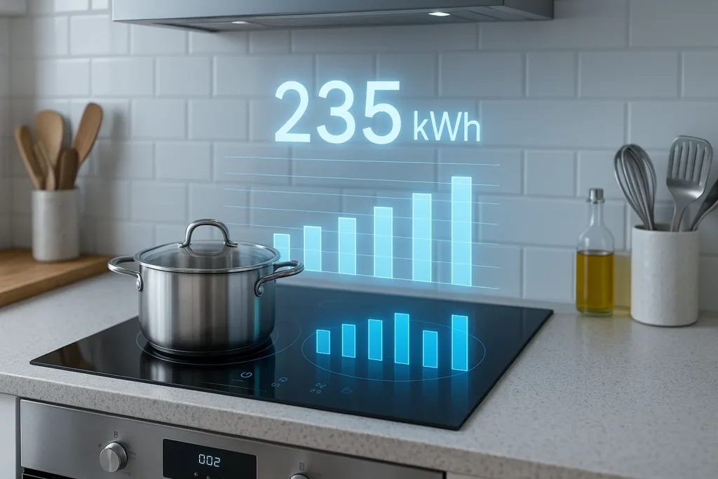 Fogão De Indução Gasta Muita Energia? 12 Verdades E Mitos Que Impactam Sua Conta De Luz 2 Fogão De Indução Moderno Com Gráficos Digitais Flutuantes De Consumo De Energia.