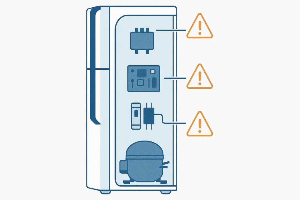 Geladeira Electrolux Não Liga: 16 Causas E Soluções Testadas Por Técnicos 1 Ilustração Técnica Lateral Da Geladeira Electrolux Com Falhas Apontadas Nos Componentes Internos