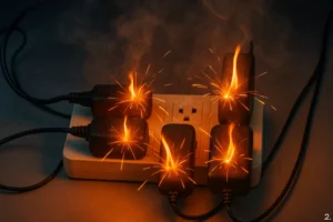 Régua de energia sobrecarregada com faíscas de fogo saindo dos plugues queimados