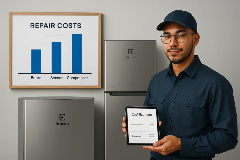 Por Que A Geladeira Electrolux Não Gela? 15 Causas E Diagnóstico Completo 7 Gráfico De Barras Comparando Custos De Reparo De Placa, Sensor E Compressor Em Geladeira Electrolux Com Técnico Segurando Tablet.