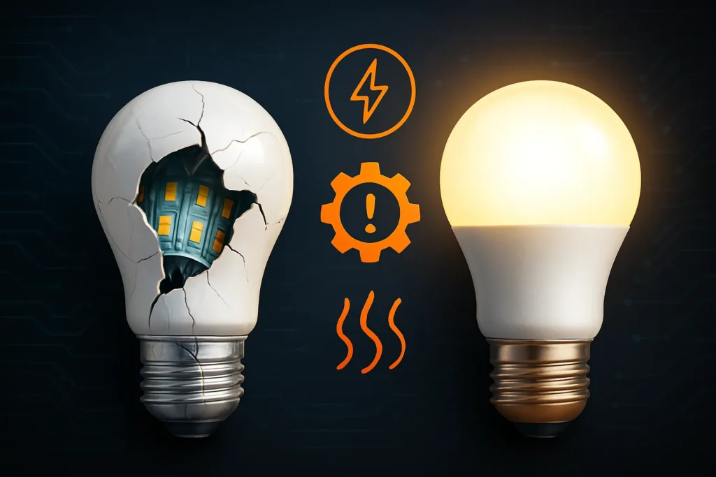 Lâmpada De Led Piscando Ou Fraca: 15 Problemas E Soluções Que Todo Eletricista Precisa Conhecer 2 Lâmpada De Led Quebrada Com Rachaduras Ao Lado De Uma Funcionando, Com Ícones De Falhas Sobre Fundo Técnico Escuro