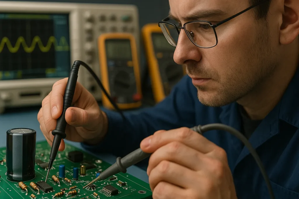 Como Testar O Capacitor: 8 Métodos Profissionais Para Máquinas De Lavar E Ar-Condicionado 17 Técnico Analisa Placa Com Capacitor Em Destaque, Usando Osciloscópio E Multímetro Ao Fundo.