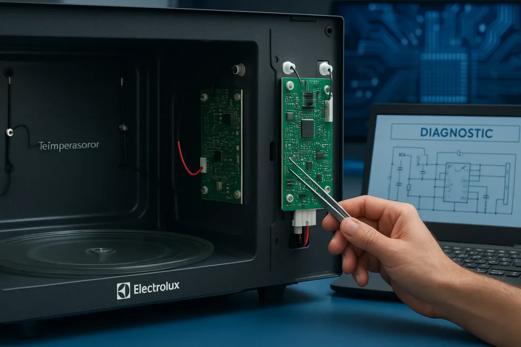 Microondas Electrolux Não Esquenta: 15 Soluções Testadas Que Funcionam 6 Técnico Ajustando Placa Eletrônica Interna De Micro-Ondas Electrolux Com Notebook Exibindo Esquema De Diagnóstico Ao Lado