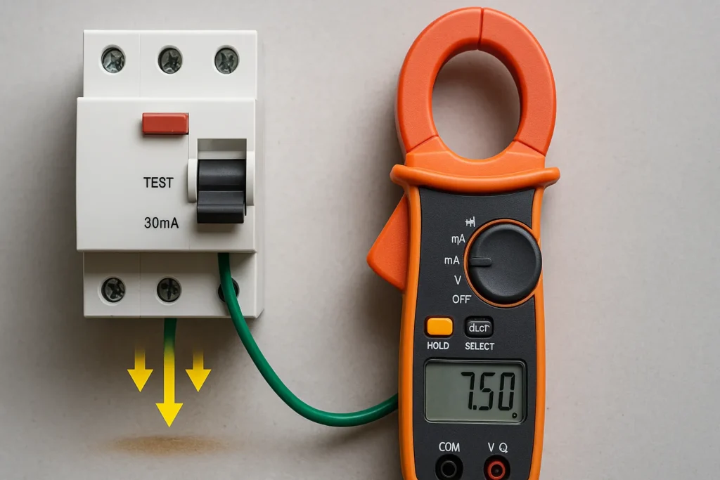 Disjuntor De Energia Desarmando: 7 Diagnósticos Técnicos E Soluções Profissionais 9 Disjuntor Dr Desarmado Com Corrente De Fuga No Cabo Terra Medida Por Alicate Amperímetro Digital