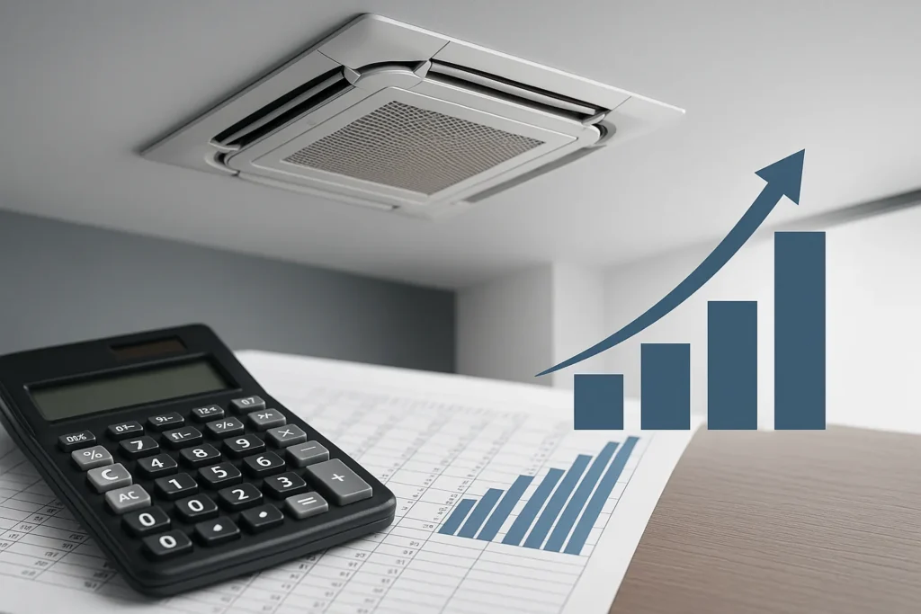Ar Condicionado Cassete: 12 Vantagens Que Transformam Ambientes Comerciais E Residenciais 12 Calculadora, Planilha E Ar-Condicionado Cassete Ao Fundo Com Gráfico Ascendente, Representando Economia E Retorno Financeiro