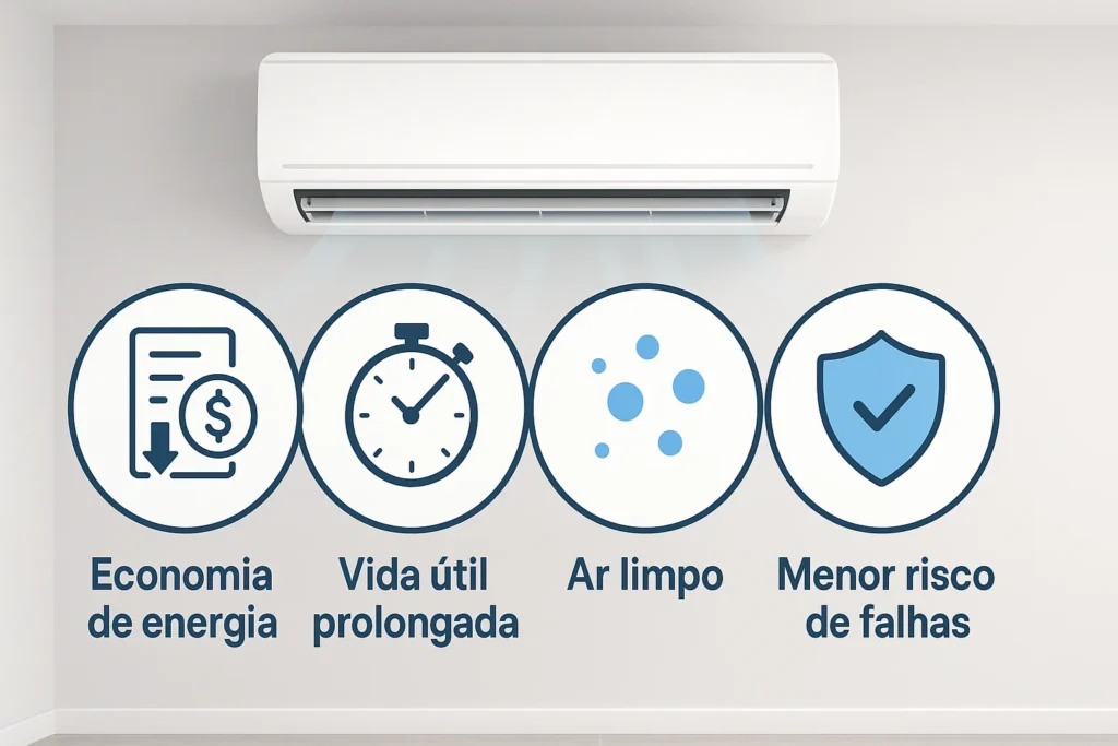 Ar Condicionado Manutenção: 12 Passos Essenciais Que Todo Técnico E Usuário Precisa Dominar 7 Ilustração Informativa Com Ar-Condicionado E Ícones Representando Economia De Energia, Vida Útil Prolongada, Ar Limpo E Menor Risco De Falhas.