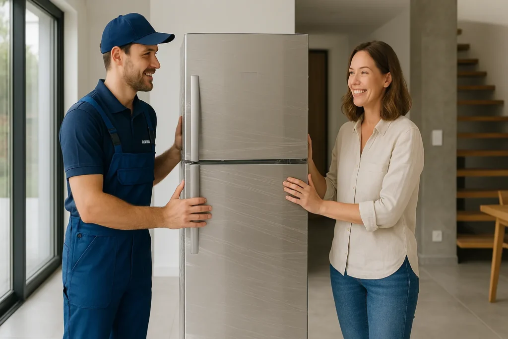 Como Envelopar Geladeira: 12 Técnicas Profissionais Para Transformar Seu Eletrodoméstico 9 Técnico Entrega Geladeira Envelopada A Cliente Sorridente Em Casa Moderna