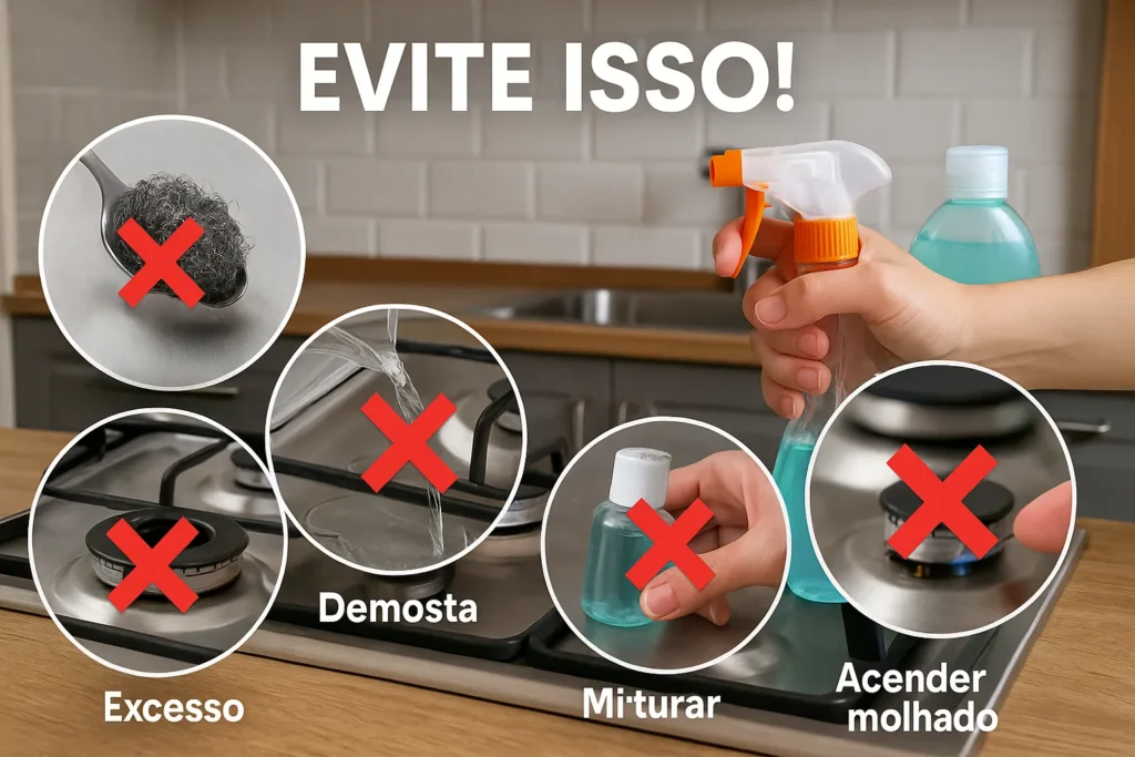 Como Limpar Fogão: 17 Técnicas Profissionais Para Deixar Seu Equipamento Como Novo 8 Fogão Com Cinco Erros De Limpeza Destacados: Palha De Aço, Excesso De Água, Desmontagem Errada, Mistura De Produtos E Acender Molhado.