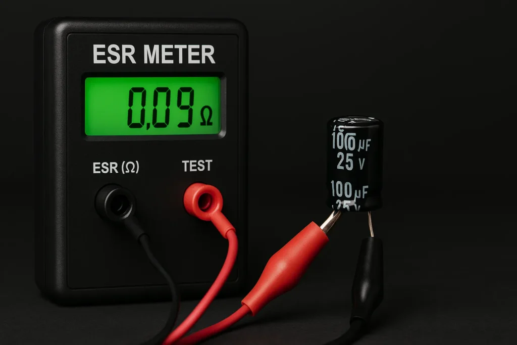 Como Testar O Capacitor: 8 Métodos Profissionais Para Máquinas De Lavar E Ar-Condicionado 11 Medidor Esr Conectado Em Capacitor Eletrolítico Com Leitura De 0.09 Ohms No Visor