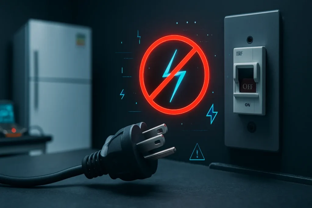 Geladeira Electrolux Não Liga: 16 Causas E Soluções Testadas Por Técnicos 3 Tomada Desligada Com Cabo Desconectado E Ícone De Falha Elétrica Sobreposto Em Oficina Técnica