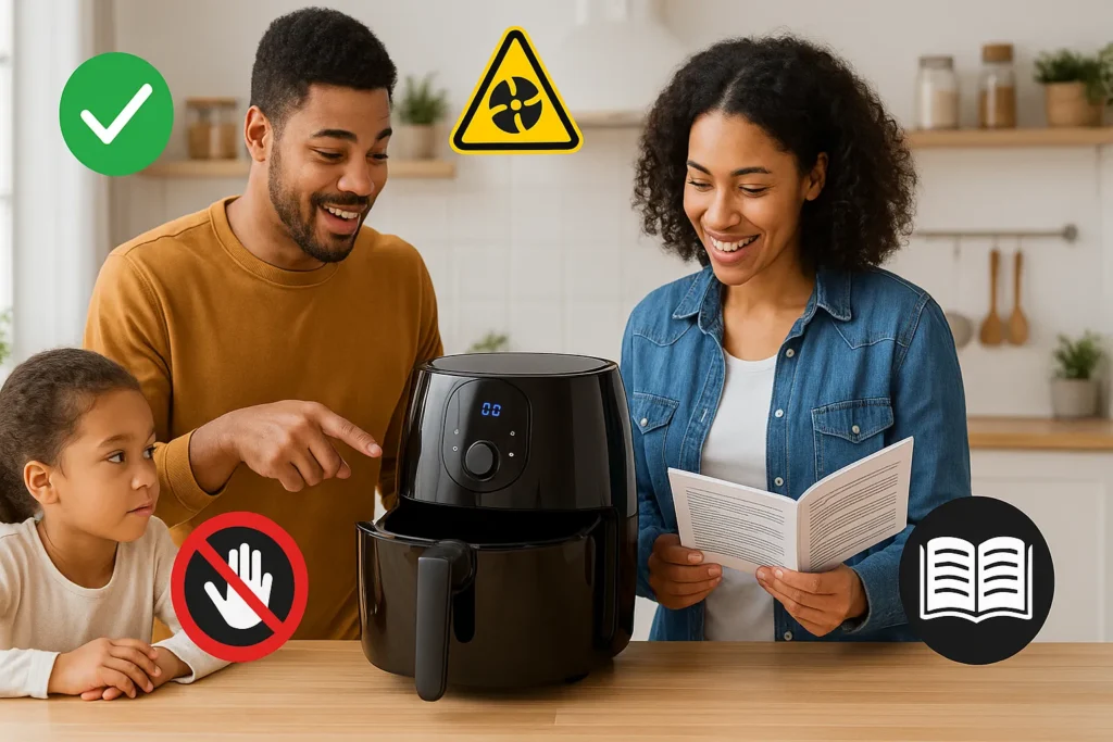 Air Fryer Digital: 12 Segredos Técnicos Que Transformam O Uso E Manutenção Do Aparelho 9 Família Usando Air Fryer Com Segurança, Criança Afastada, Ventilação Adequada E Manual Visível