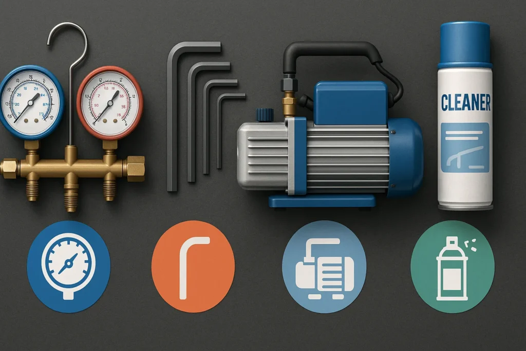 Ar Condicionado Manutenção: 12 Passos Essenciais Que Todo Técnico E Usuário Precisa Dominar 3 Ferramentas De Hvac Como Manômetro, Chave Allen, Bomba De Vácuo E Spray Dispostas Sobre Bancada Com Ícones Visuais.
