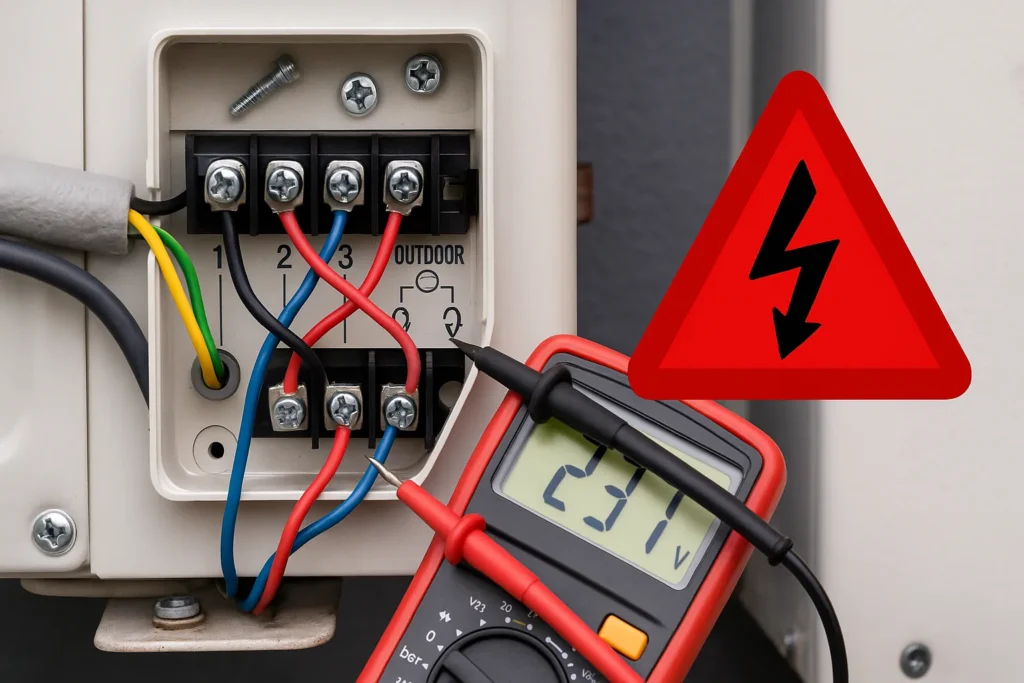 Instalação De Ar Condicionado Split: 12 Erros Fatais Que Queimam O Aparelho 9 Fios Trocados Entre Evaporadora E Condensadora Com Multímetro Marcando Tensão Irregular E Alerta Elétrico Sobreposto.