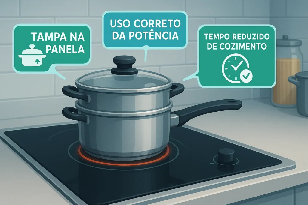 Fogão De Indução Gasta Muita Energia? 12 Verdades E Mitos Que Impactam Sua Conta De Luz 8 Fogão De Indução Com Etiquetas Digitais Flutuantes Mostrando Dicas De Economia De Energia.