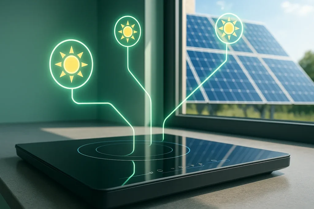 Fogão De Indução Gasta Muita Energia? 12 Verdades E Mitos Que Impactam Sua Conta De Luz 12 Fogão De Indução Conectado A Painéis Solares Com Ícones Digitais De Energia Flutuantes