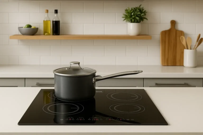 Fogão De Indução Eos Em Cozinha Moderna, Com Panela Ao Centro Sobre Bancada Branca.