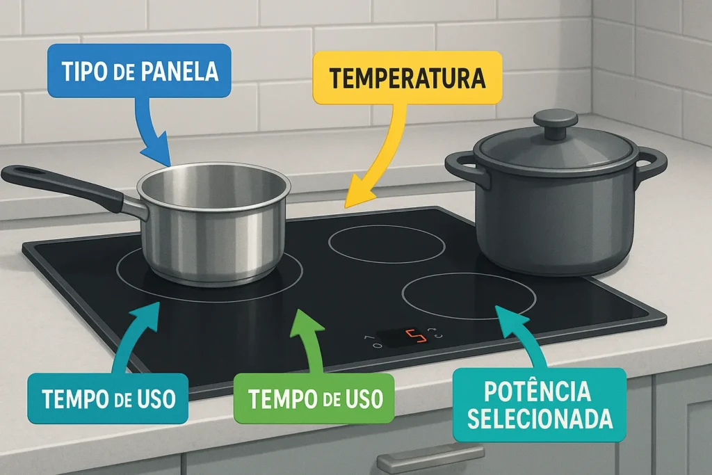 Fogão De Indução Gasta Muita Energia? 12 Verdades E Mitos Que Impactam Sua Conta De Luz 3 Fogão De Indução Com Setas Coloridas Indicando Tipo De Panela, Temperatura, Tempo De Uso E Potência Selecionada.