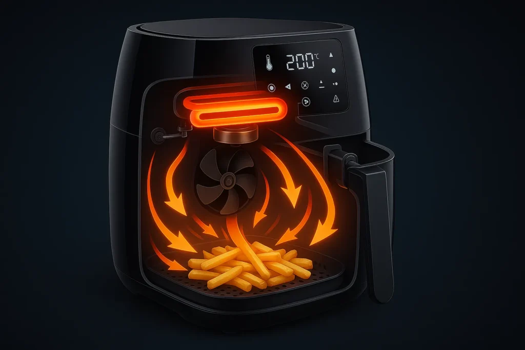 Air Fryer Digital: 12 Segredos Técnicos Que Transformam O Uso E Manutenção Do Aparelho 2 Corte Interno De Uma Air Fryer Digital Com Resistência, Ventilador E Fluxo De Ar Quente