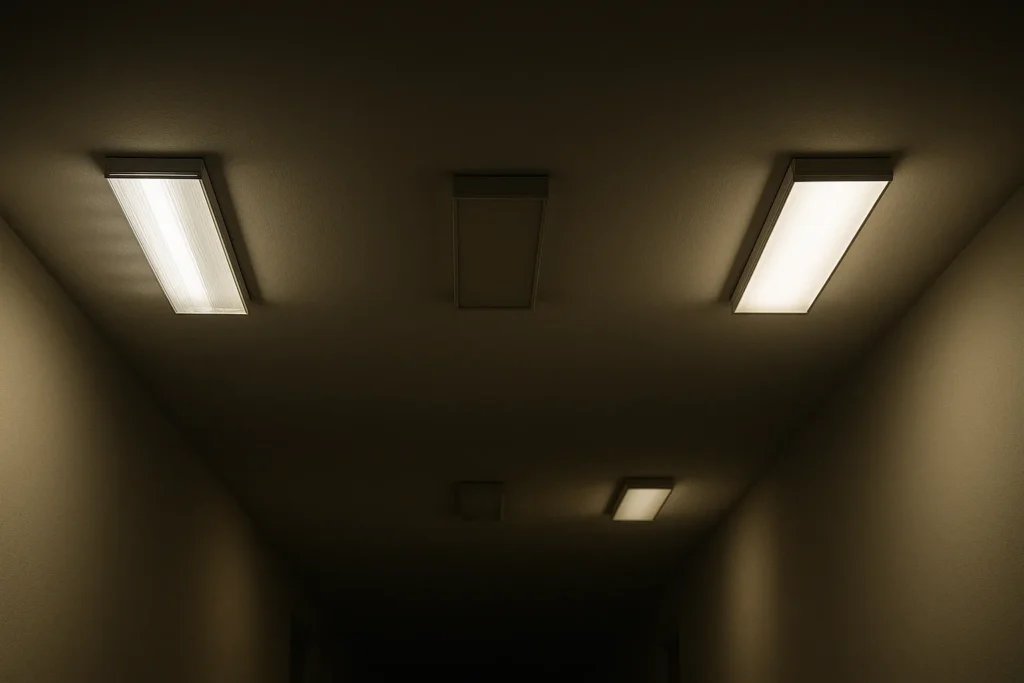 Lâmpada De Led Piscando Ou Fraca: 15 Problemas E Soluções Que Todo Eletricista Precisa Conhecer 3 Três Luminárias No Teto Demonstrando Falhas: Uma Piscando, Uma Fraca E Outra Com Sombra De Atraso.