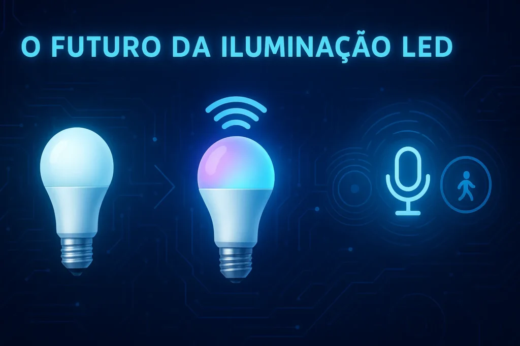 Lâmpada De Led Piscando Ou Fraca: 15 Problemas E Soluções Que Todo Eletricista Precisa Conhecer 14 Evolução Da Iluminação Led Com Lâmpada Comum, Led Inteligente E Controle Por Voz Com Sensores, Em Fundo Tecnológico Azul.