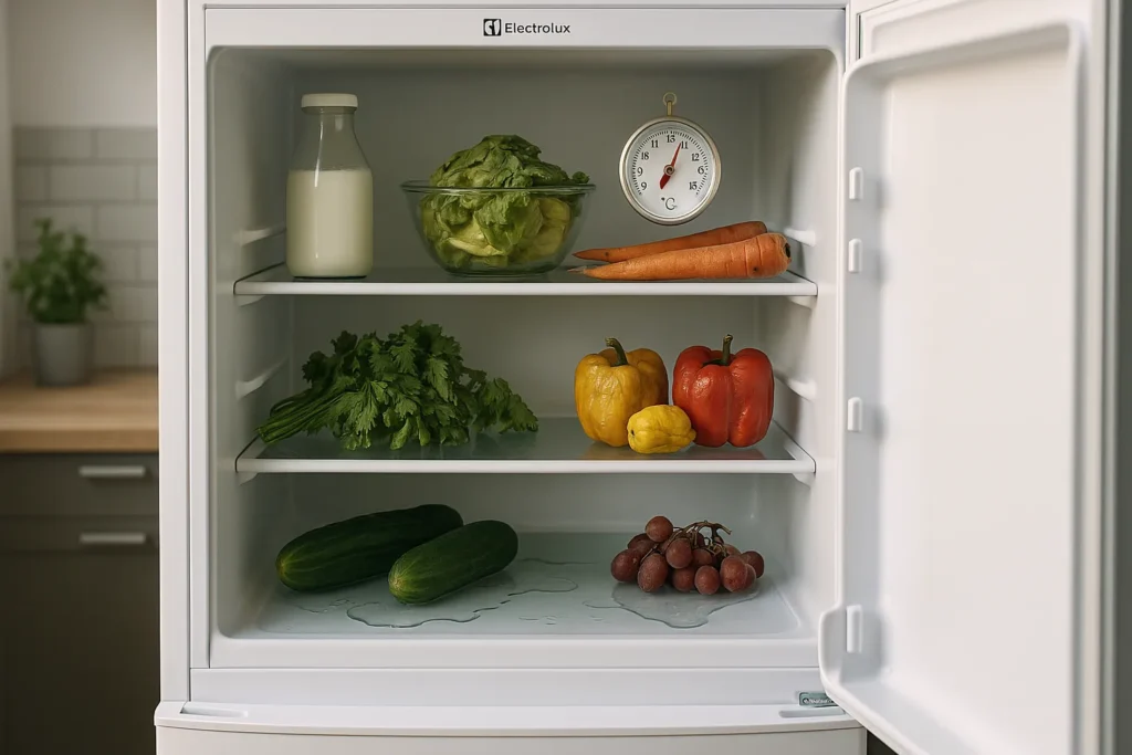 Por Que A Geladeira Electrolux Não Gela? 15 Causas E Diagnóstico Completo 1 Geladeira Electrolux Com Portas Abertas Mostrando Alimentos Murchos E Poças D’água Em Cozinha Residencial