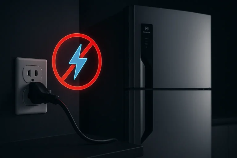Geladeira Electrolux Desligada Com Plugue Parcialmente Conectado E Alerta De Falha Elétrica Flutuando