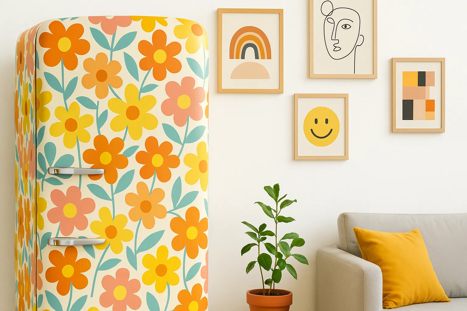 Como Envelopar Geladeira: 12 Técnicas Profissionais Para Transformar Seu Eletrodoméstico 1 Geladeira Com Envelopamento Floral Em Sala Jovem Com Quadros Decorativos E Ambiente Descontraído