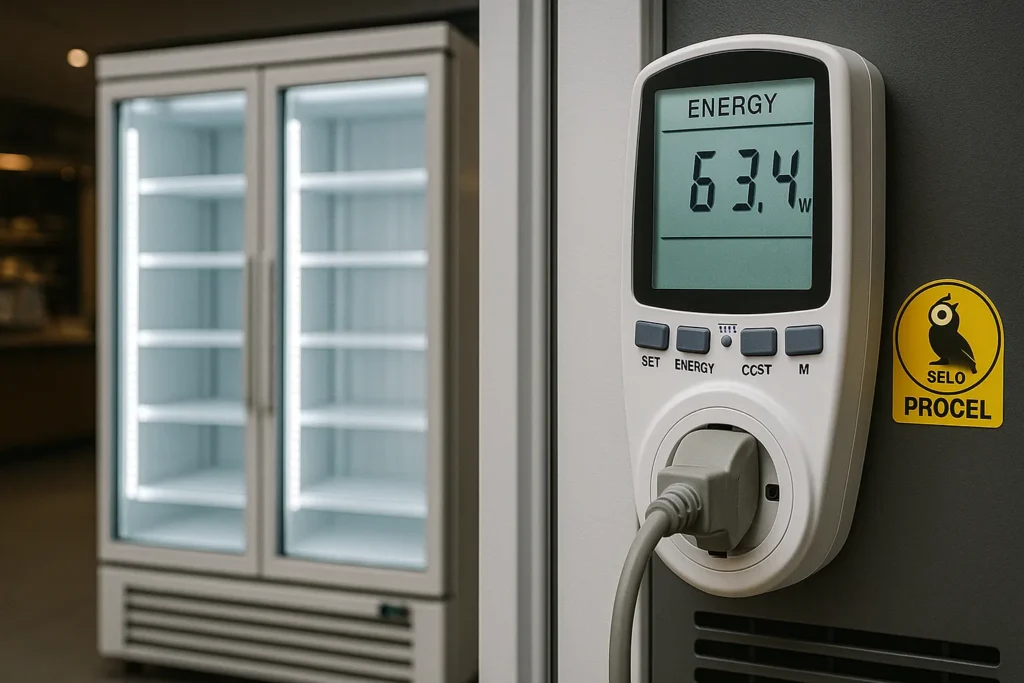 Geladeira Expositora: 18 Informações Essenciais Para Escolha, Uso E Manutenção Profissional 6 Geladeira Expositora Com Portas Fechadas, Leds Acesos E Medidor De Consumo Elétrico Conectado Mostrando Baixo Consumo.