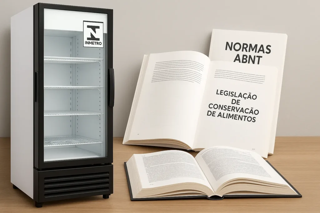 Geladeira Expositora: 18 Informações Essenciais Para Escolha, Uso E Manutenção Profissional 10 Geladeira Expositora Com Selo Do Inmetro Ao Lado De Livros Abertos Com Normas Abnt E Legislação De Conservação De Alimentos.