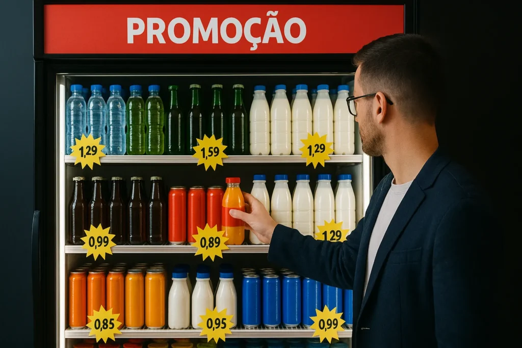 Geladeira Expositora: 18 Informações Essenciais Para Escolha, Uso E Manutenção Profissional 13 Cliente Pegando Bebida Em Geladeira Expositora Com Produtos Organizados, Etiquetas Promocionais E Iluminação Intensa.