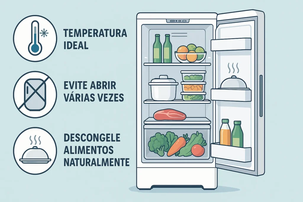 O Que É Geladeira Frost Free: 7 Vantagens Que Todo Técnico E Consumidor Precisa Conhecer 10 Geladeira Frost Free Aberta Com Dicas Em Ícones Flutuantes: Temperatura Ideal, Evitar Abrir Várias Vezes E Descongelar Naturalmente