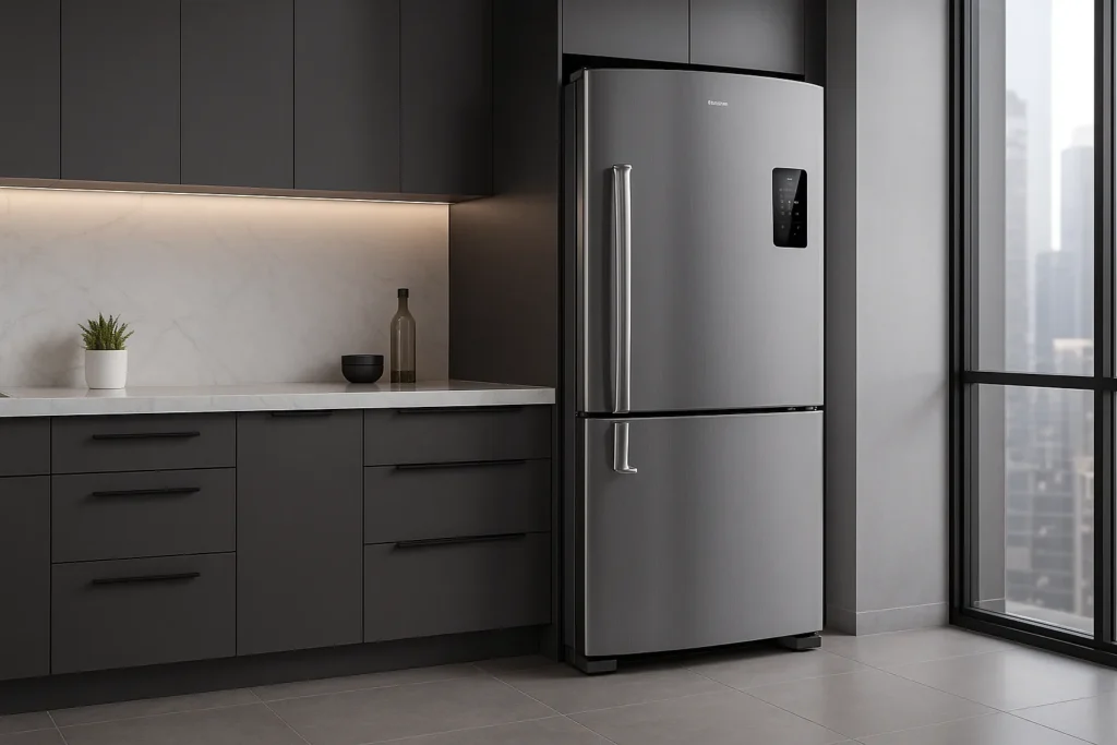 O Que É Geladeira Frost Free: 7 Vantagens Que Todo Técnico E Consumidor Precisa Conhecer 1 Geladeira Inox Com Painel Digital Em Cozinha Moderna Com Armários Escuros E Iluminação Embutida.