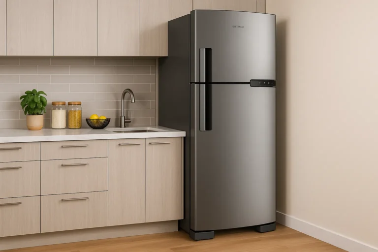 Geladeira Electrolux Inox Em Cozinha Planejada Com Bancada Clara, Armários Modernos E Iluminação Natural.