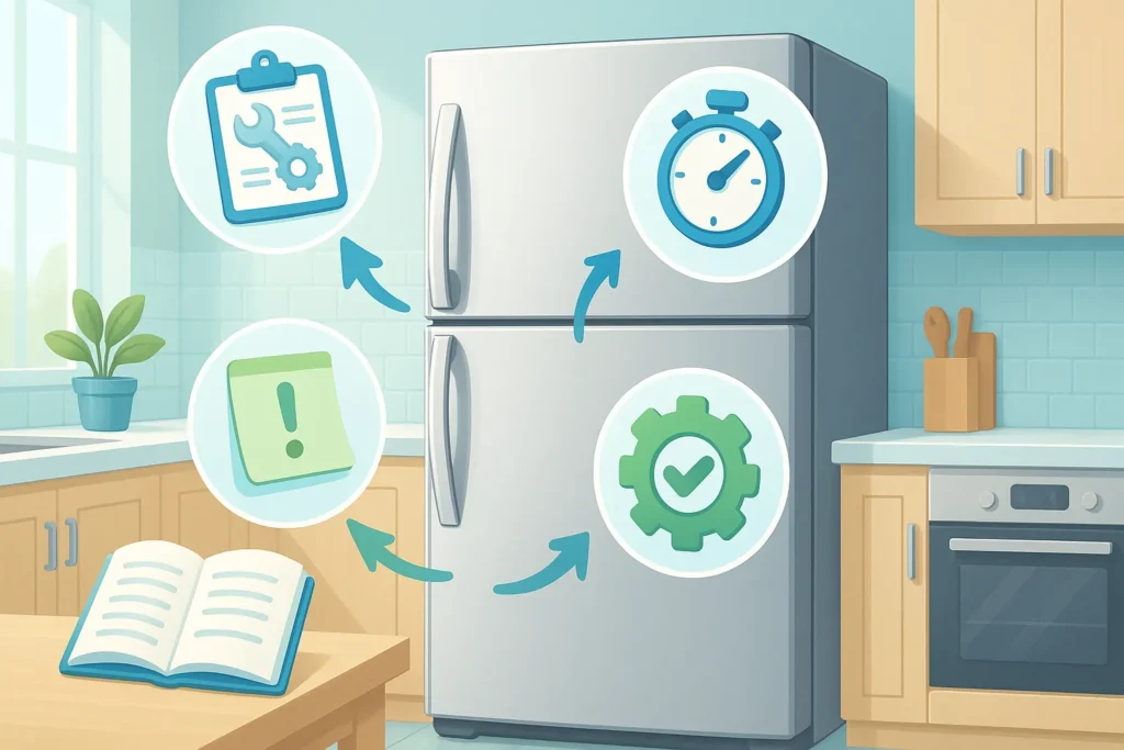 Geladeira Electrolux Não Liga: 16 Causas E Soluções Testadas Por Técnicos 9 Ilustração De Geladeira Com Balões De Dicas De Manutenção Preventiva Flutuando Ao Redor