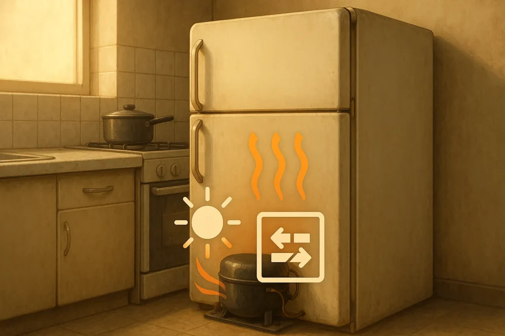 Geladeira Electrolux Não Liga: 16 Causas E Soluções Testadas Por Técnicos 7 Geladeira Encostada Na Parede Em Cozinha Abafada Com Ícones De Calor E Ventilação Bloqueada