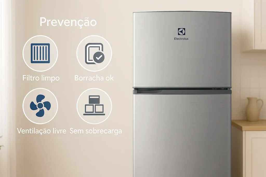 Por Que A Geladeira Electrolux Não Gela? 15 Causas E Diagnóstico Completo 6 Geladeira Electrolux Com Ícones De Prevenção: Filtro Limpo, Borracha Em Bom Estado, Ventilação Livre E Sem Sobrecarga.