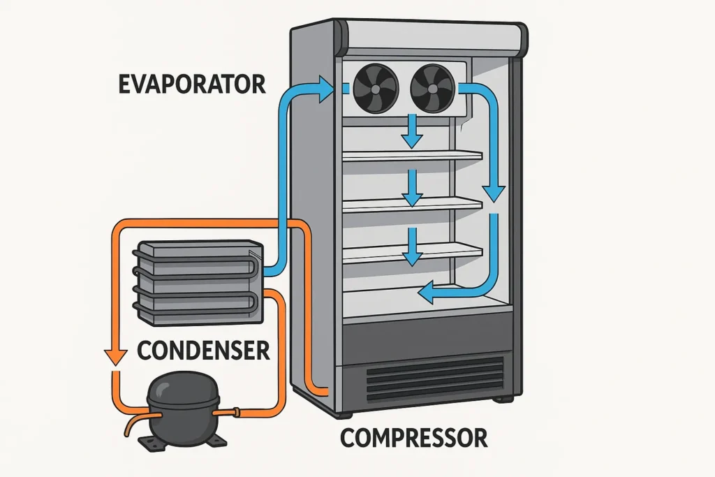 Geladeira Expositora: 18 Informações Essenciais Para Escolha, Uso E Manutenção Profissional 3 Corte Técnico De Geladeira Expositora Mostrando Compressor, Condensador, Evaporador E Ventiladores Com Setas Indicando Fluxo De Gás Refrigerante.