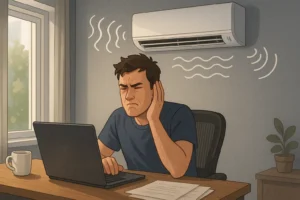 Pessoa incomodada com o barulho do ar-condicionado em home office